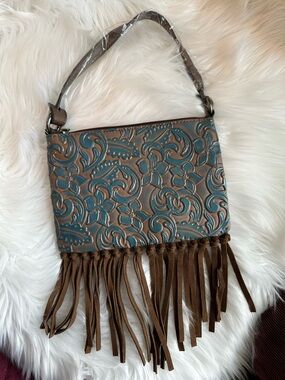 NWTS Justin Turquoise Washed Tooled Clutch/Wallet/Purse w/fringe